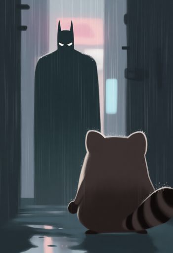 A cartoon raccoon stands in a dark, rain‑soaked alleyway, viewed from behind with its striped tail and rounded silhouette clearly visible. In the distance, a tall, shadowy figure resembling a caped vigilante faces the raccoon, illuminated by faint light and streaks of falling rain. 