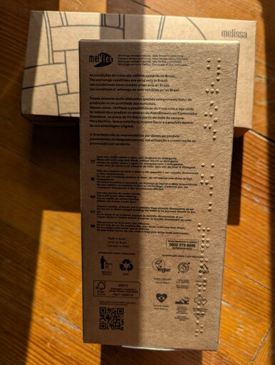 This Melissa sandals box is Brailled (has tactile Braille imprinted on it)