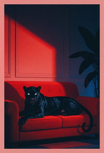 A black panther lies stretched across a red couch in a dim room. A strong light casts dramatic shadows, contrasting sharply with deep blue tones in the background. Paneled walls and a large a leafed plant frame the scene. 